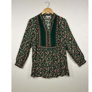 Boho Floral Woman Within Women M 14/16 Green Rayon Henley Border Print Tunic Top